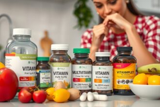 Vitamins and multivitamins displayed with fresh fruits in a kitchen setting.