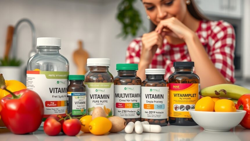 Vitamins and multivitamins displayed with fresh fruits in a kitchen setting.