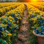 Friss áfonyák egy gyümölcsösben, napsütéses kertben.