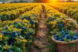 Friss áfonyák egy gyümölcsösben, napsütéses kertben.