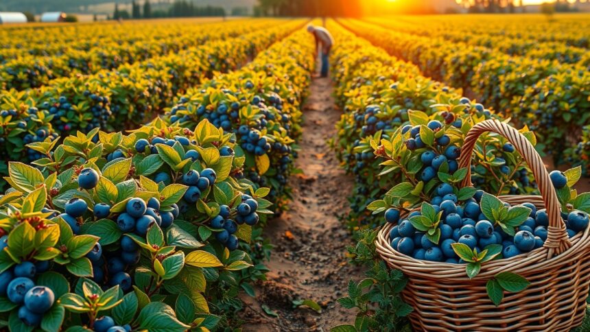 Friss áfonyák egy gyümölcsösben, napsütéses kertben.