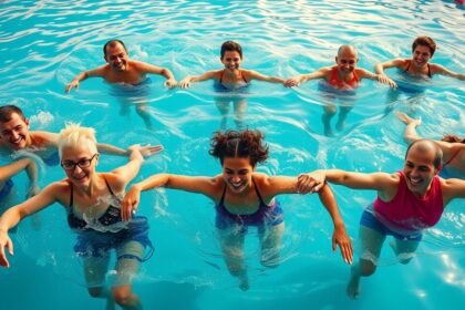 Csoportos úszás egy medencében, a résztvevők vidáman élvezik a víz jótékony hatásait.