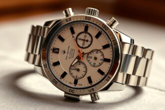 Kronográf karóra részletes nézete, világos számlapokkal és stoppertüskékkel.