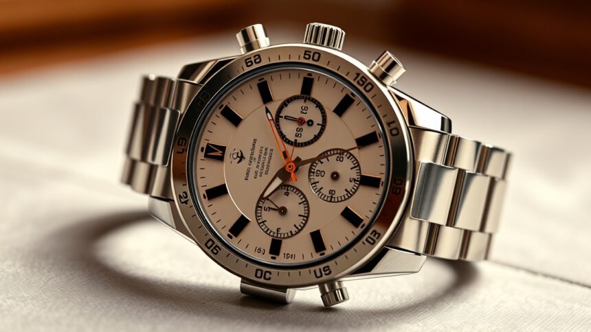 Kronográf karóra részletes nézete, világos számlapokkal és stoppertüskékkel.