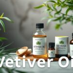 Vetiver olaj üvegpalackok, növény háttérrel.