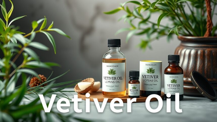 Vetiver olaj üvegpalackok, növény háttérrel.