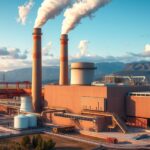 Gőzerőmű fotója, kazán és füstkémények láthatók.