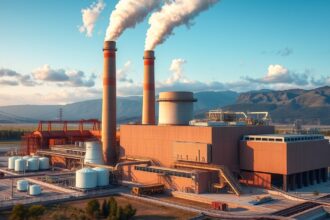 Gőzerőmű fotója, kazán és füstkémények láthatók.