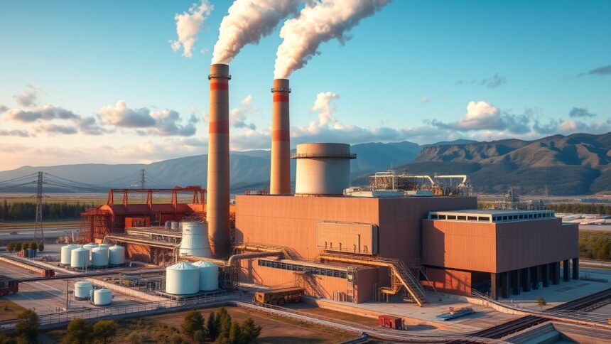 Gőzerőmű fotója, kazán és füstkémények láthatók.