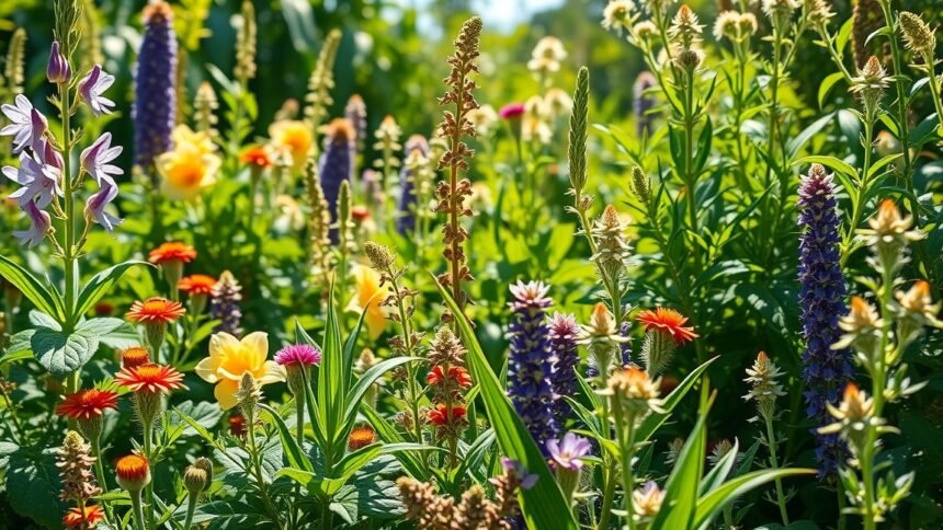 Színes gyógynövények a természetben az egészség támogatására.