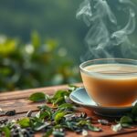 Gőzölgő oolong tea csésze zöld levelekkel az asztalon