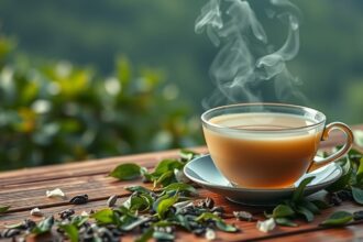 Gőzölgő oolong tea csésze zöld levelekkel az asztalon