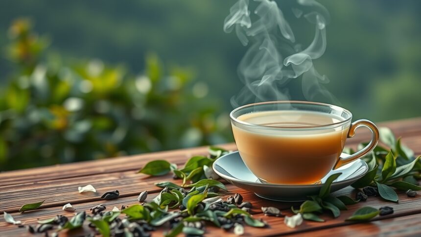 Gőzölgő oolong tea csésze zöld levelekkel az asztalon