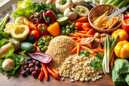 Változatos zöldségek és gabonák egy asztalon, húsmentes étrendhez