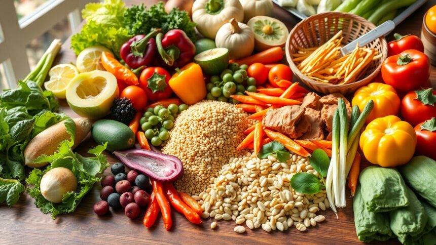 Változatos zöldségek és gabonák egy asztalon, húsmentes étrendhez