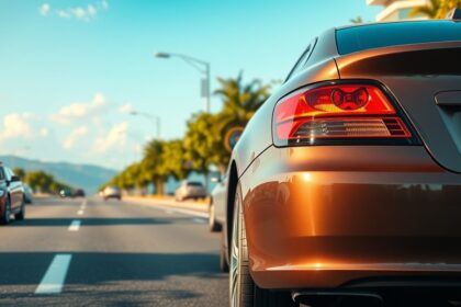 Hosszú távú autóbérlés látképe a városi úton.