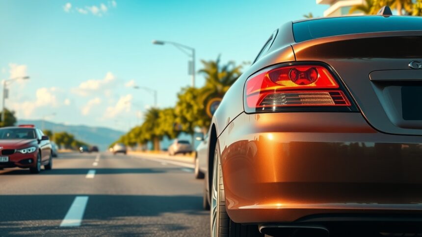 Hosszú távú autóbérlés látképe a városi úton.