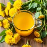 Gyermekláncfű tea friss virágokkal és levelekkel a fán.