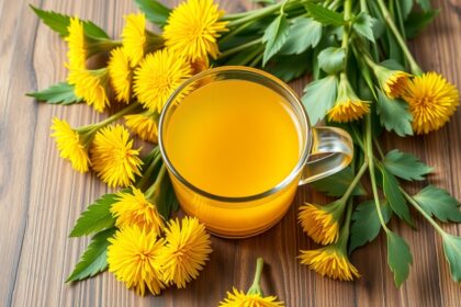 Gyermekláncfű tea friss virágokkal és levelekkel a fán.