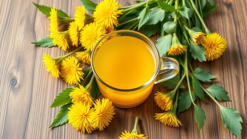 Gyermekláncfű tea friss virágokkal és levelekkel a fán.