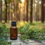 Szibériai fenyő illóolaj üveg és fenyőágak erdei háttérrel