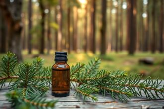 Szibériai fenyő illóolaj üveg és fenyőágak erdei háttérrel