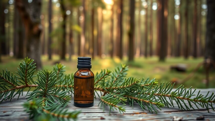 Szibériai fenyő illóolaj üveg és fenyőágak erdei háttérrel