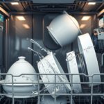 Mosogatógép belső működése vízköddel borított edényekkel