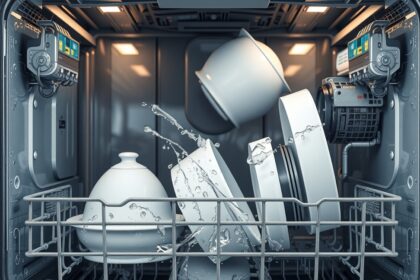 Mosogatógép belső működése vízköddel borított edényekkel