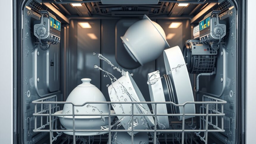 Mosogatógép belső működése vízköddel borított edényekkel