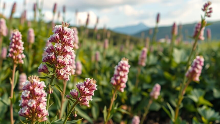 Valeriana növény virágai egy felnövő mezőn.