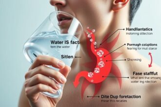 A hideg víz gyomorra gyakorolt hatásainak illusztrációja, ember pohár vízzel.