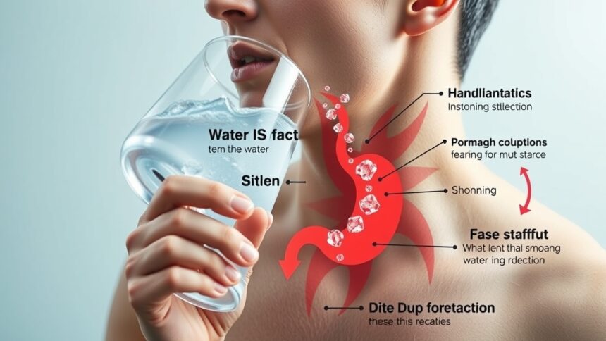 A hideg víz gyomorra gyakorolt hatásainak illusztrációja, ember pohár vízzel.