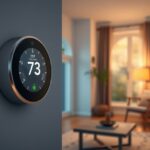 Modern termosztát a falon, otthoni környezetben, 73 Fahrenheit fokkal.