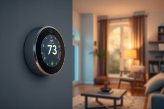 Modern termosztát a falon, otthoni környezetben, 73 Fahrenheit fokkal.