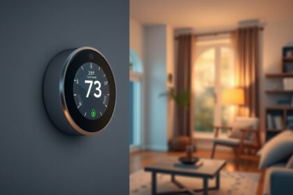 Modern termosztát a falon, otthoni környezetben, 73 Fahrenheit fokkal.