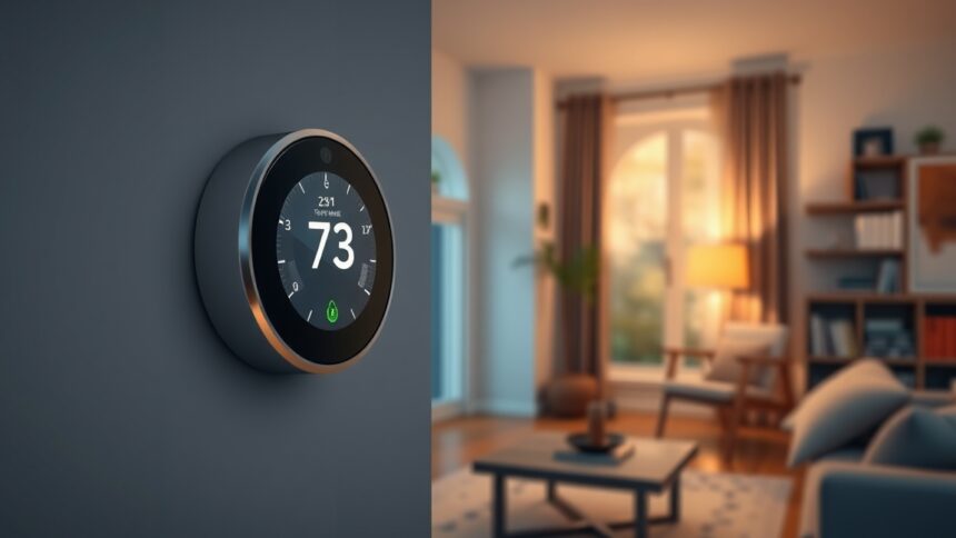 Modern termosztát a falon, otthoni környezetben, 73 Fahrenheit fokkal.