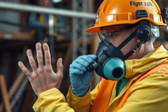 Munkás üvegszál védőfelszerelésben, biztonsági intézkedések