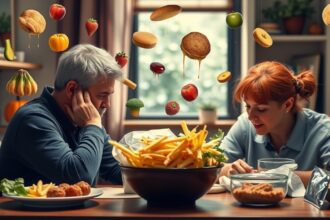 Pár asztalnál, egészségtelen étkezés és zöldségek körülöttük.