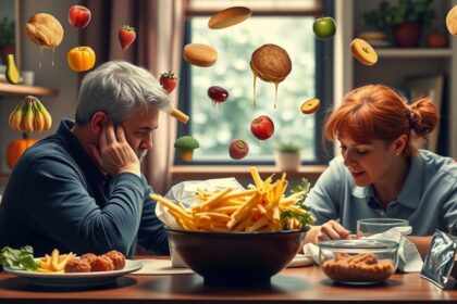 Pár asztalnál, egészségtelen étkezés és zöldségek körülöttük.