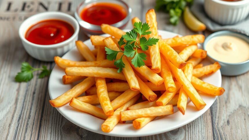 Friss sült krumpli tálalva három különböző szósszal.