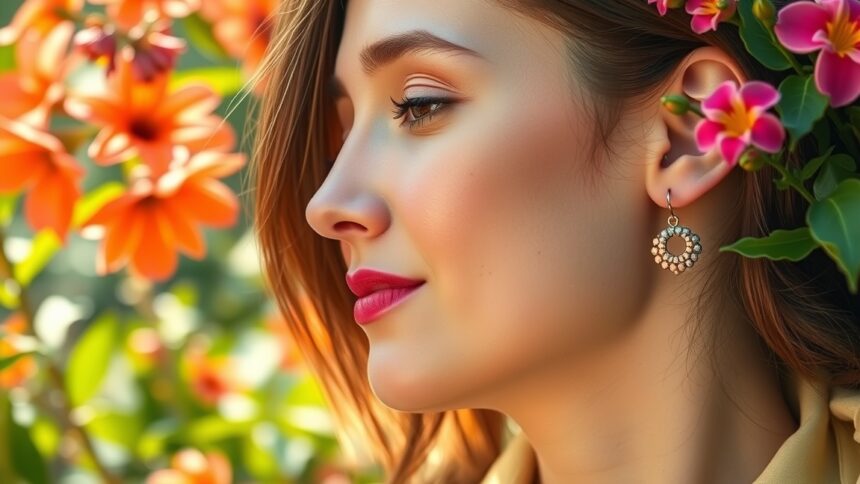 Mágneses fülbevaló elegáns ékszer virágos háttérben