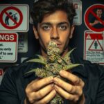 Fiatal férfi fűt tart a kezében figyelmeztető táblák előtt.