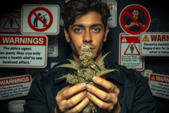 Fiatal férfi fűt tart a kezében figyelmeztető táblák előtt.