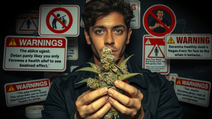 Fiatal férfi fűt tart a kezében figyelmeztető táblák előtt.