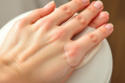 Hidrokrémmel kezelt kéz paraffinborítás előtt.