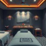 Masszázsterápiás szoba; figyelmeztető táblák a kezelések előtt.