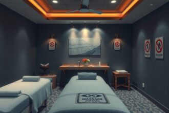 Masszázsterápiás szoba; figyelmeztető táblák a kezelések előtt.