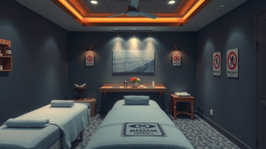 Masszázsterápiás szoba; figyelmeztető táblák a kezelések előtt.