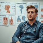 Férfi a rendelőben, HPV fertőzés megelőzéséről és tüneteiről tanul.